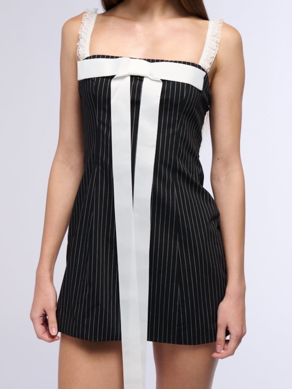AKIRA Black Pinstripe Mini Dress with White Ribbon